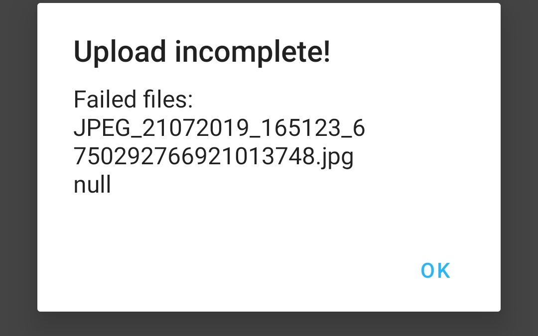 “Upload incomplete. Failed files” error when uploading a file to Gapp
